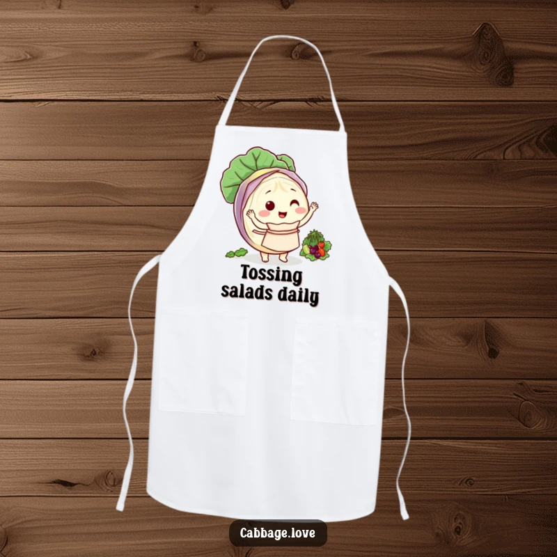Funny apron of a round cabbage character wearing a small apron, happily tossing a salad.