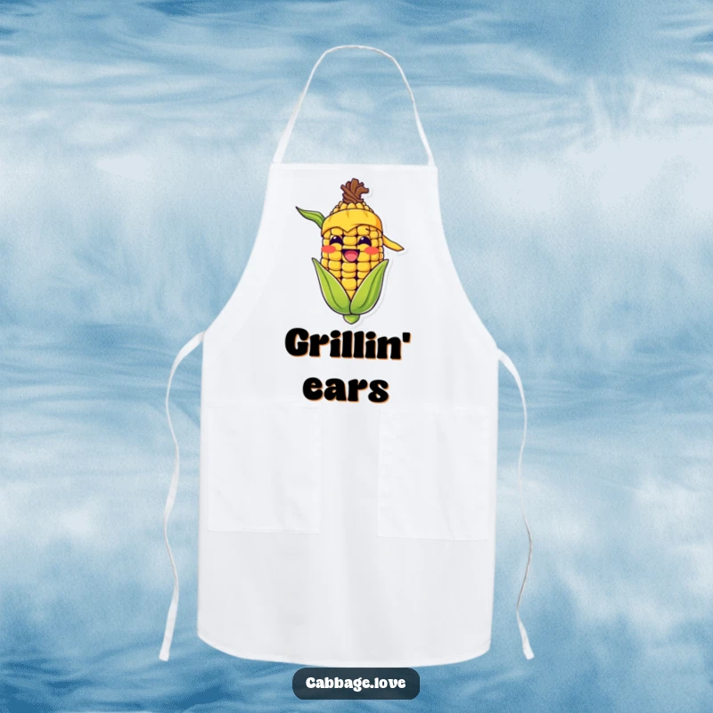 Funny apron designed with a happy corn cob, yellow bandana, and wide grin, perfect for humorous kitchen activities.