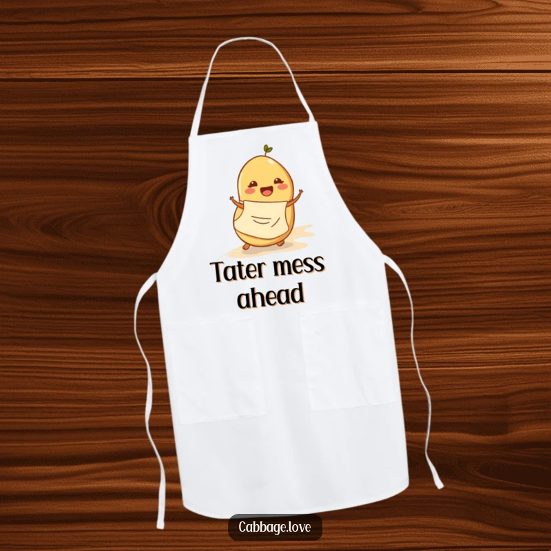 Funny apron with a cheerful potato in an apron rolling down a slope, designed for kitchen fun and humorous cooking.