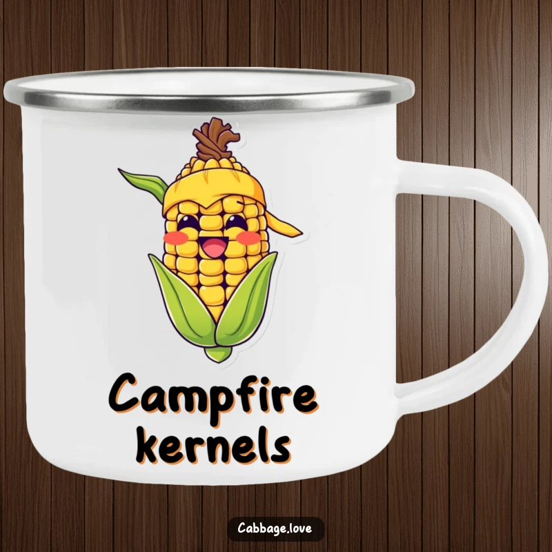 Funny camping mug with a happy corn cob character, yellow bandana, and wide grin, a humorous and durable drinkware.