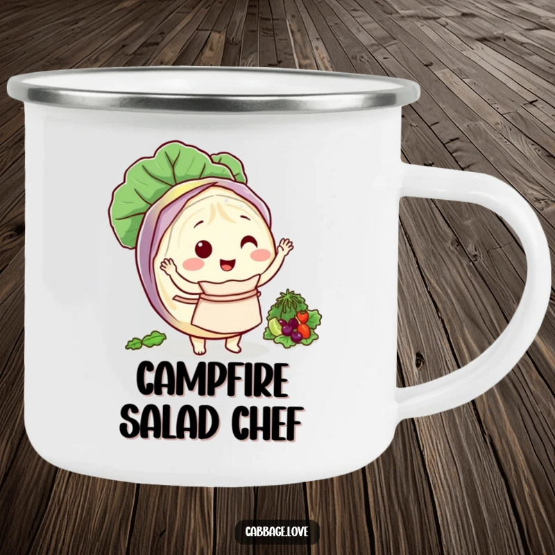Funny camping mug of a round cabbage character in an apron, happily tossing a salad.