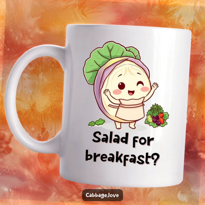 Funny mug of a round cabbage character in an apron, happily tossing a salad with a grin.