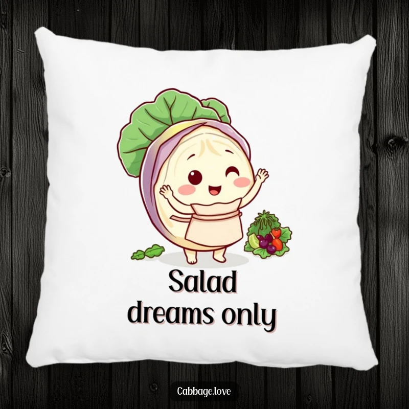 Funny pillow of a round cabbage character in an apron, happily tossing a salad.