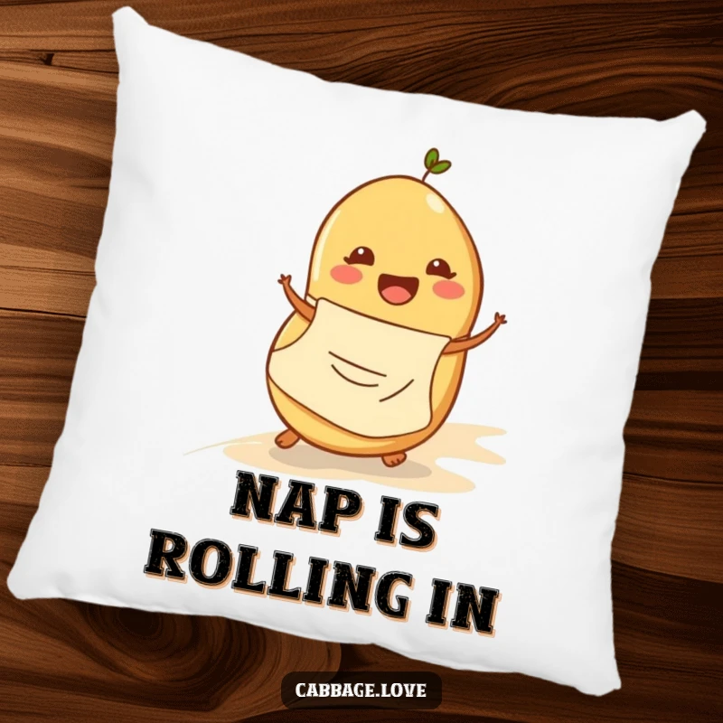 Funny pillow design showcasing a happy potato in an apron rolling down a slope, offering humorous comfort and decor.
