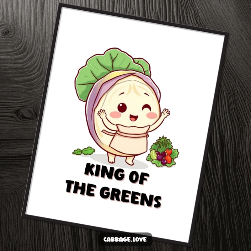 Funny digital art print of a round cabbage character wearing an apron, happily tossing a salad.