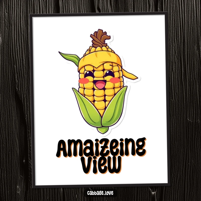 Funny digital art print of a happy corn cob character, yellow bandana, and wide grin, offering instant humorous decor.