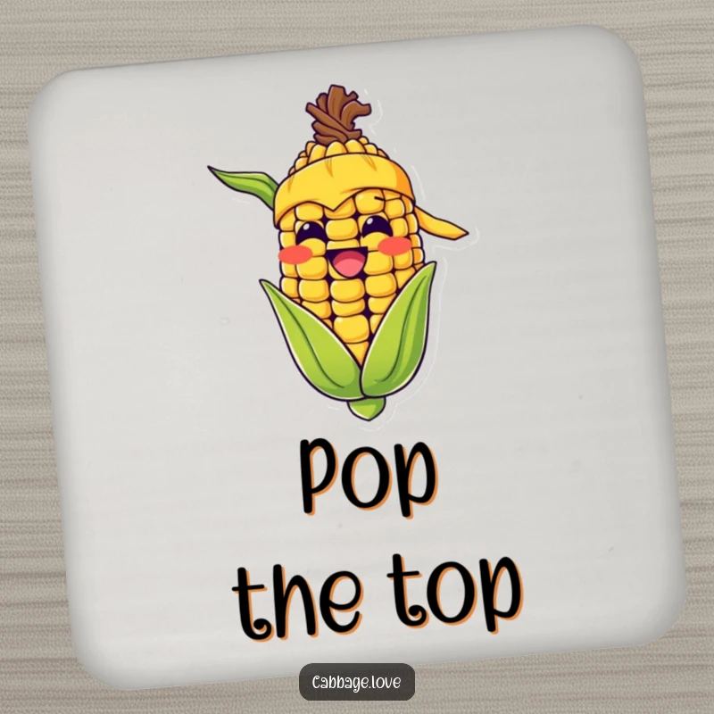 Funny drink coaster with a happy corn cob, yellow bandana, and wide grin, protecting surfaces with a humorous design.