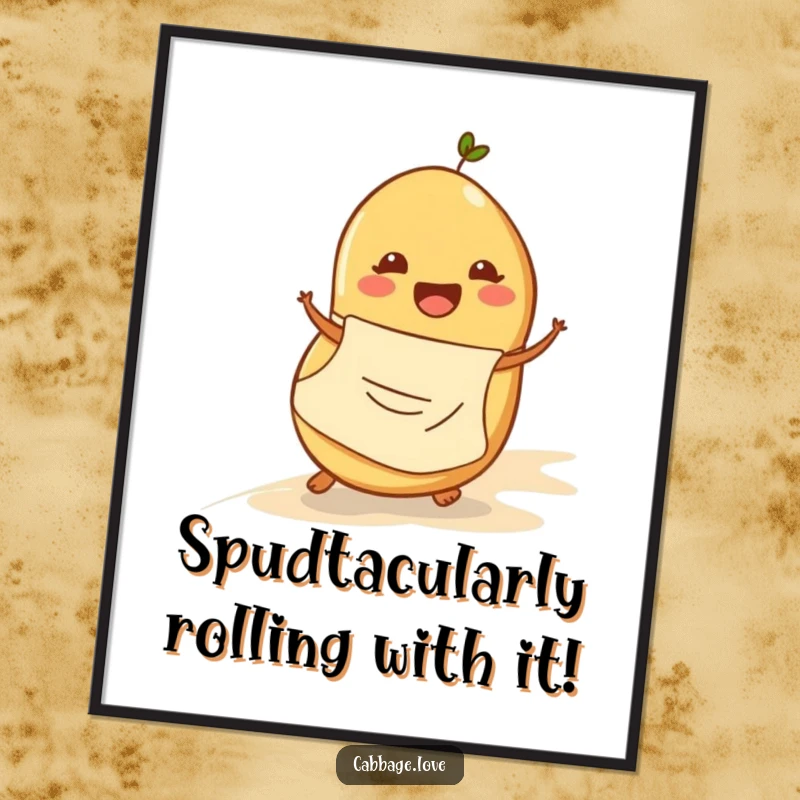 Funny Free Printable Wall Art: Cheerful potato in apron energetically rolling down a gentle slope, bringing smiles and playful vibes to any room.