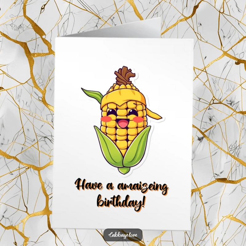 Funny Free Printable Birthday Card: Happy corn cob in yellow bandana grinning widely, spreading birthday cheer with a joyful, corny attitude.