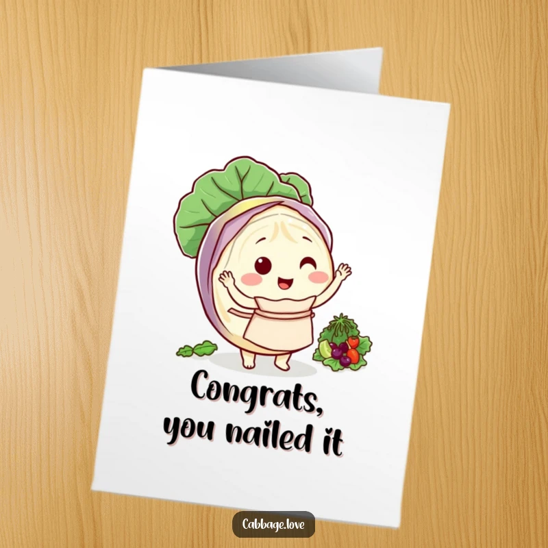 Funny Free Printable Congratulations Card: a happy cabbage character with an apron, expertly tossing a vibrant salad, celebrating wins.