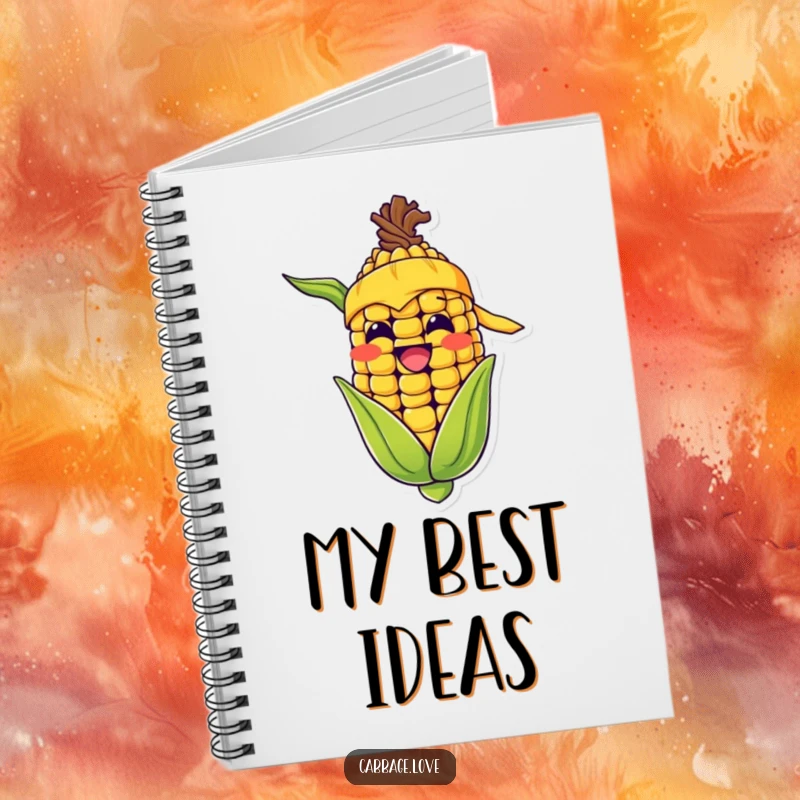 Funny notebook featuring a happy corn cob, yellow bandana, and wide grin, perfect for writing with a touch of humor.