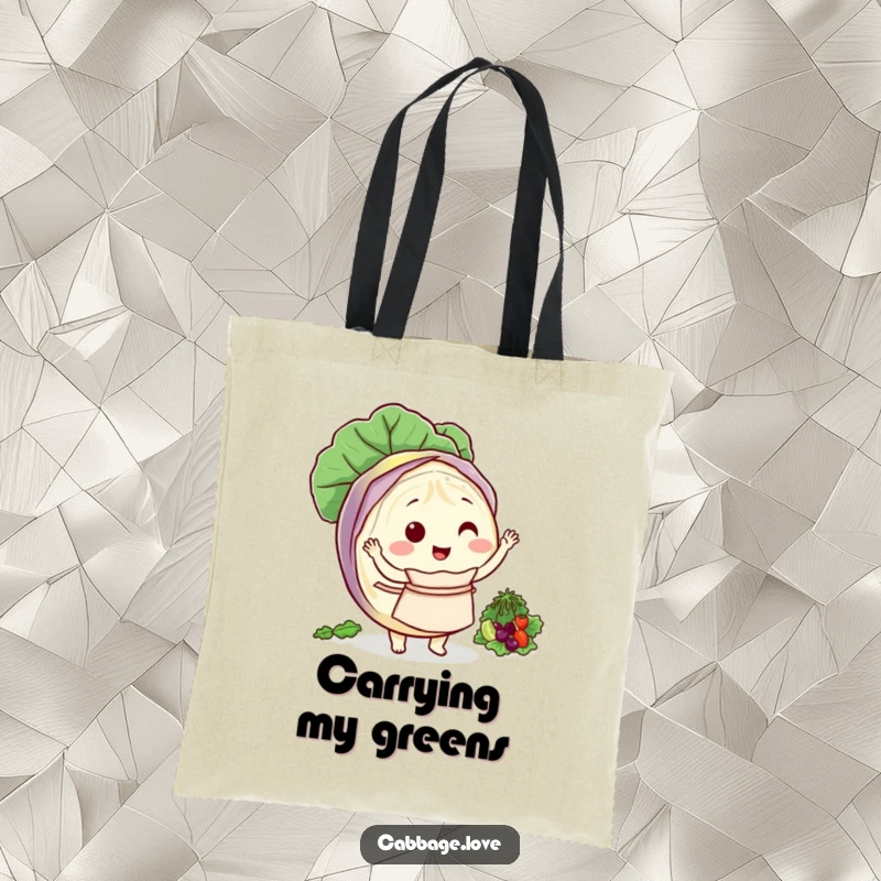 Funny tote bag with a round cabbage character wearing a small apron, happily tossing a salad.